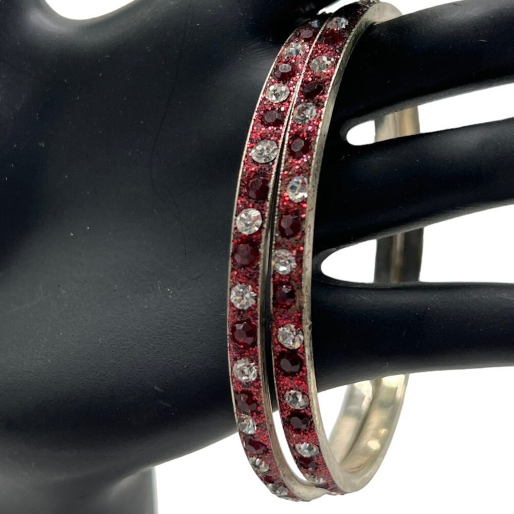 Bangle Bracelets Red & Clear Stones Glittery Set of 2
